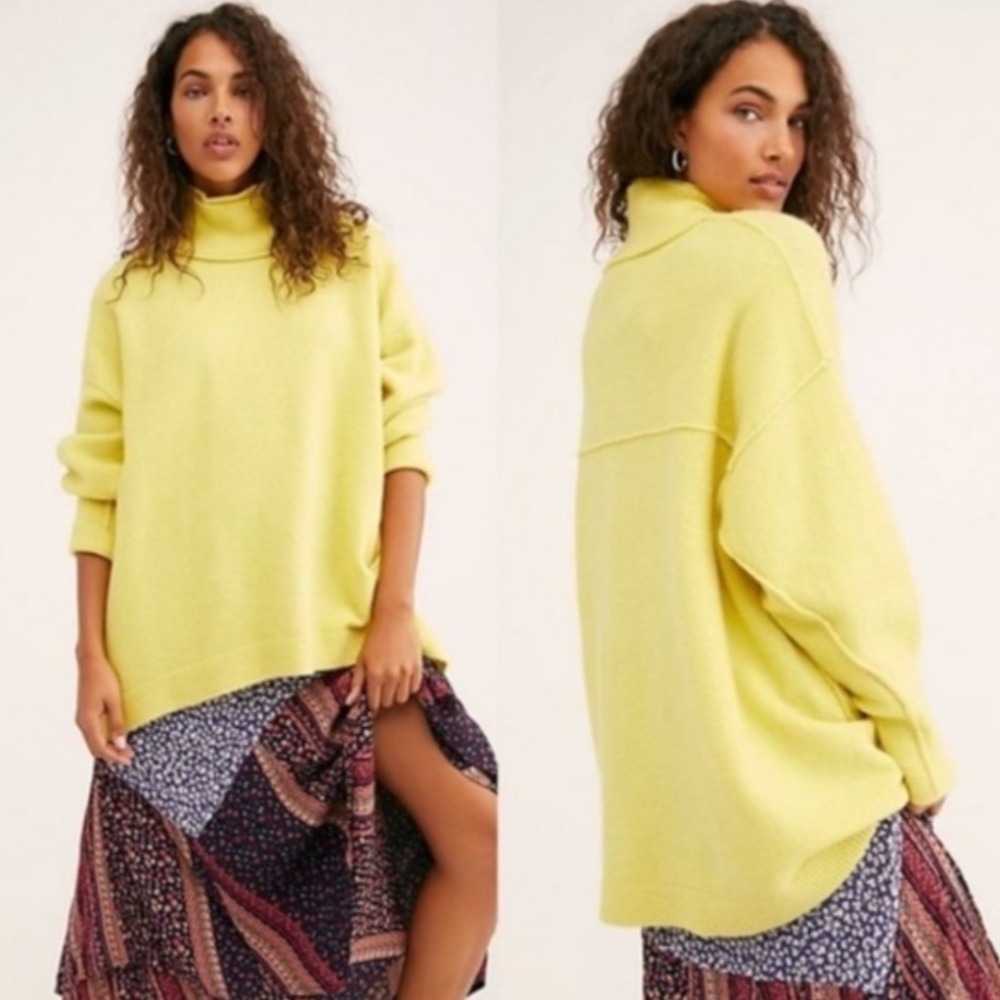 Free‎ People After Glow Oversized Yellow Knit Sweater Womens Sz Small Turtleneck